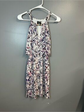 Guess Women’s white and colorful ruffle high neck dress
